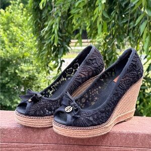 Tory Burch wedge espadrille open toe black
